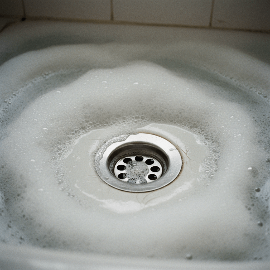 Verstopfte Badewanne mit stehendem Wasser